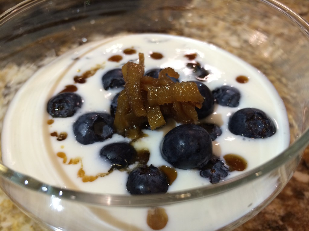 Goat yogurt, very lightly sweetened with honey, blueberries, topped with candied ginger pieces, all drizzled with the ginger sauce!